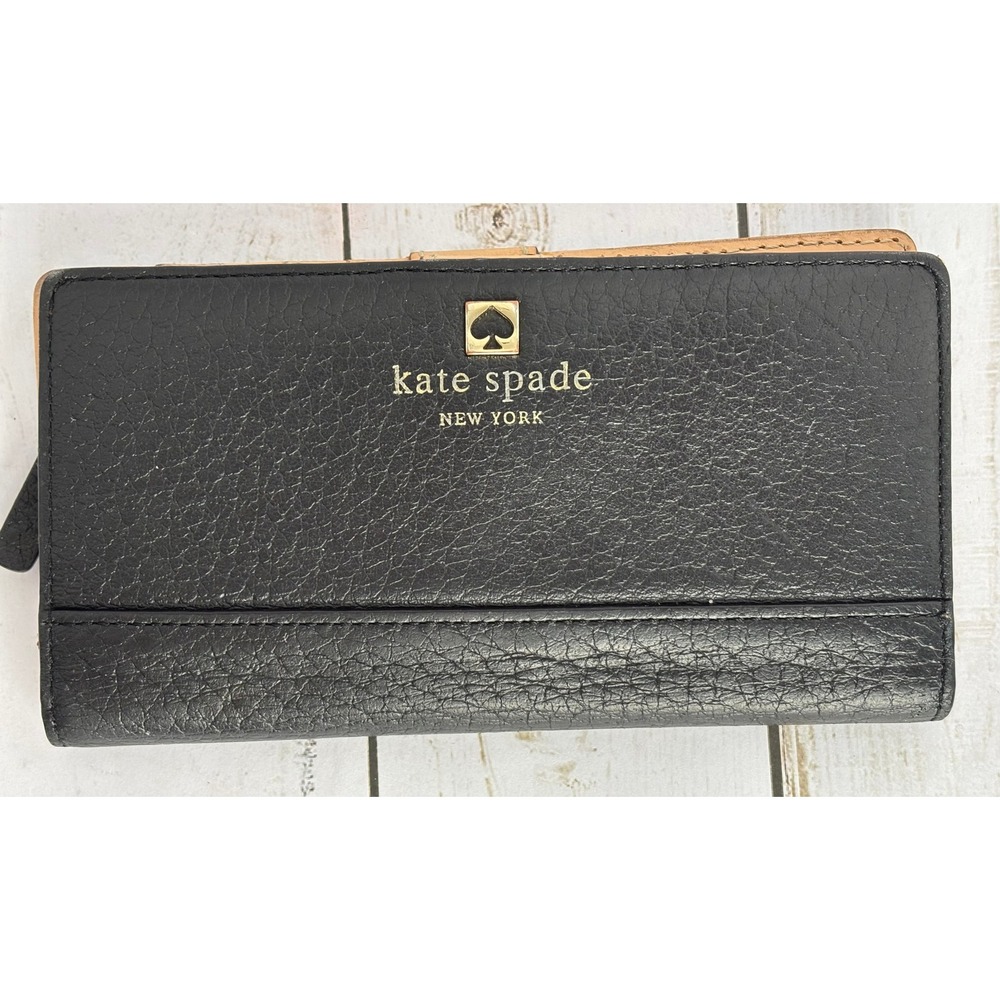 Kate Spade New York Black‎ Pebbled Leather Bifold Wallet Tan Interior Slim